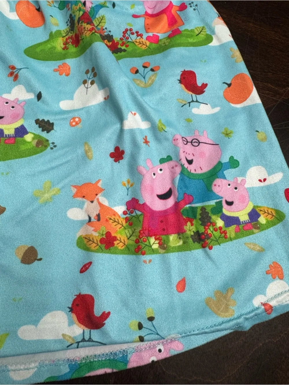 Girls Light Blue Peppa Pig Print Top with Orange Ruffle Hem Leggings VGUC